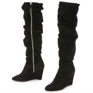 Rebecca Minkoff Black Suede Bennet Scrunch Wedge Knee High Boots